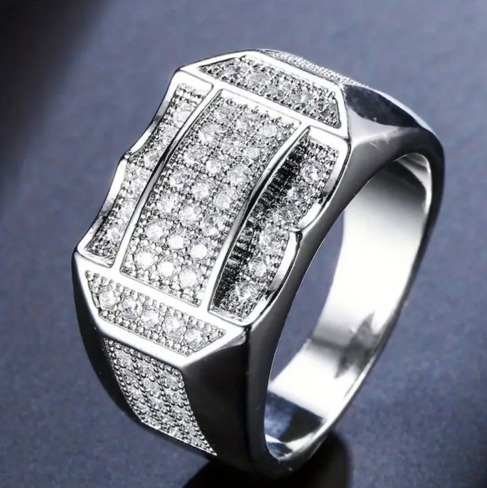 Men's Silver Geometric Diamond Ring Sz 11